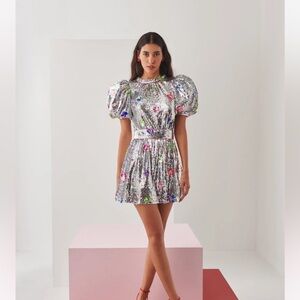 CeliaB The Wonderer Silver Sequin Mini Dress with Puff Sleeves